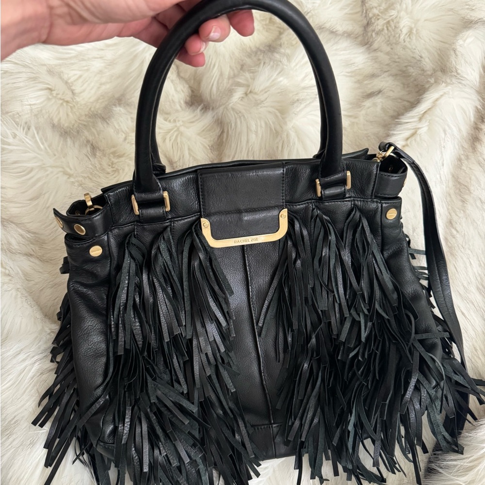 Rachel Zoe Black Leather Fringe Satchel with Gold Hardware